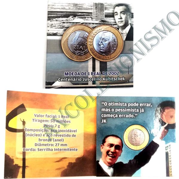 Fôlder com moeda de 1 Real - Centenário Juscelino Kubitschek - JK - 2002