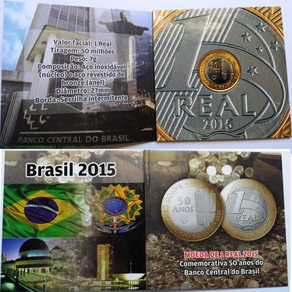 Fôlder com moeda de 1 Real - 50 Anos do Banco Central do Brasil - 2015