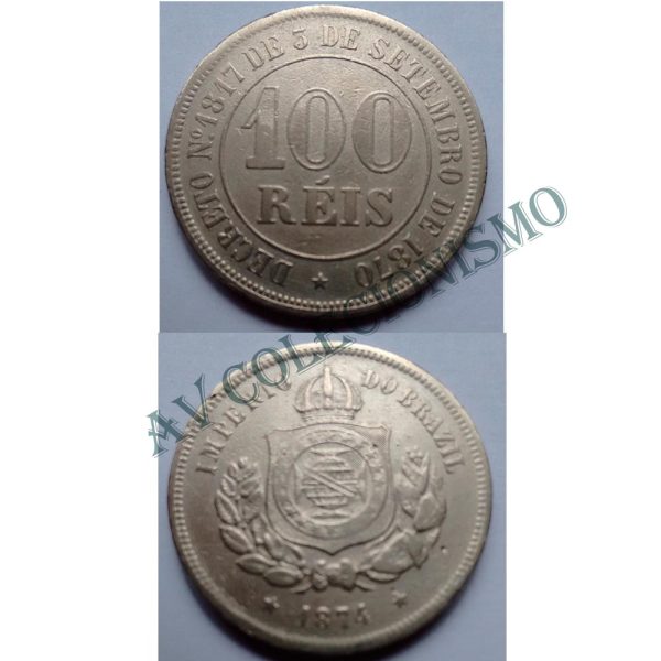 MNI 007 - Moeda 100 réis - Niquel - 1874 - SOB