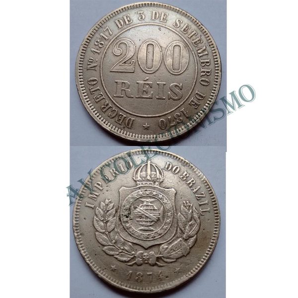 MNI 024 - Moeda 200 réis - Níquel - 1874 - SOB