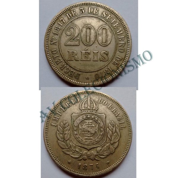 MNI 024 - Moeda 200 réis - Níquel - 1874 - SOB