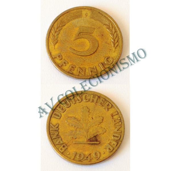 Moeda Alemanha - GFR- Km102 - 5 Pfennig - 1949J