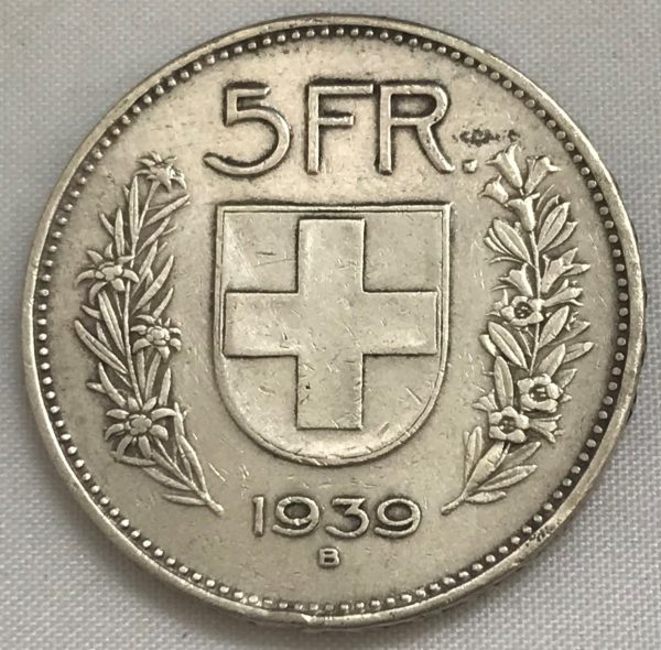 Moeda Suíça - Km040 - 5 Francos - 1939 - Prata - 15,00 Gr - 31,45 mm - Otima Peça