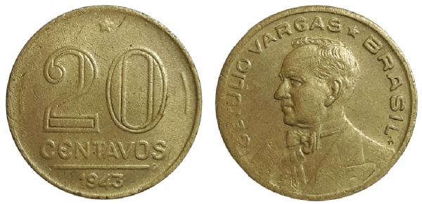 MVM 185 - Moeda 20 centavos - Bronze-Alumínio - 1943 - Getúlio Vargas - SOB