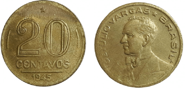 MVM 187 - Moeda 20 centavos - Bronze-Alumínio - 1945 - Getúlio Vargas - SOB