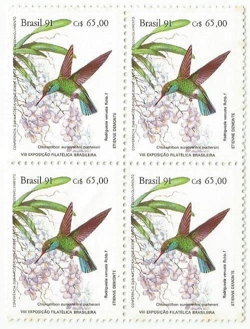 QC1757MINT - BRAPEX 91 - VIII EXPOSIÇÃO FILATÉLICA BRASILEIRA - VITÓRIA/ES - PRESERVAÇÃO DA MATA ATLÂNTICA - BEIJA-FLORES E ORQUÍDEAS- 1991 - MINT