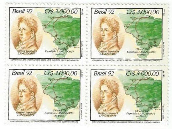 QC1797MINT - 170 ANOS DA EXPEDIÇÃO LANGSDORFF NO BRASIL (1821-1829) - CONFERÊNCIA DAS NAÇÕES UNIDAS SOBRE MEIO AMBIENTE E DESENVOLVIMENTO - 1992 - MINT