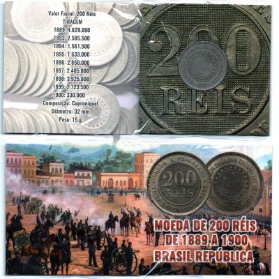 Folder com Moeda - 200 Reis - Cuproníquel - 1889 - Brasil Republica