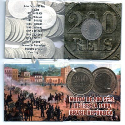 Folder com Moeda - 200 Reis - Cuproníquel - 1896 - Brasil Republica