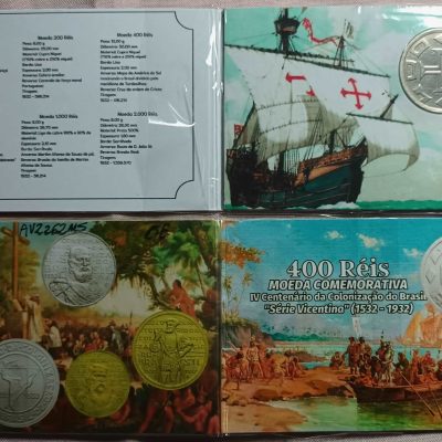 Folder com moeda de 400 Reis - IV Centenário da Colonização do Brasil - 1932 - Serie Vicentina