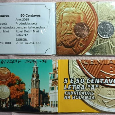 Folder com 2 moedas de 5 e 50 Centavos - 2019A - Cunhagem na HOLANDA