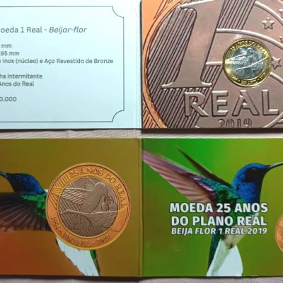 Folder com moeda de 1 Real - 25 Anos do Plano Real - Beija-flor - 2019