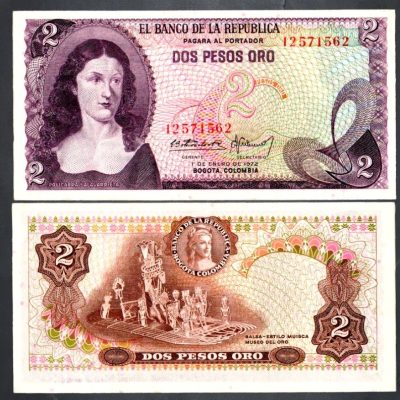 Cédula – Colômbia – Km413a – 2 Pesos Oro – 1972 – FE