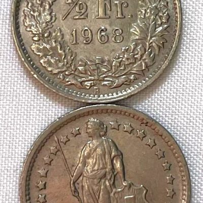 Moeda Suíça - Km023a.1 - 1/2 Franco - 1968 – Cuproníquel – 2,20 Gr – 18,20 mm – Excelente Peça