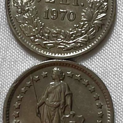 Moeda Suíça - Km023a.1 - 1/2 Franco - 1970 – Cuproníquel – 2,20 Gr – 18,20 mm – Excelente Peça