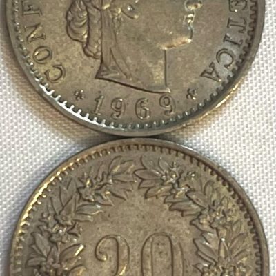 Moeda Suíça - Km029A - 20 Rappen - 1969 – Cúproníquel – 4,00 Gr – 21,05 mm – Excelente Peça