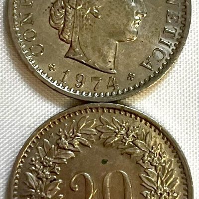 Moeda Suíça - Km029A - 20 Rappen - 1974 – Cúproníquel – 4,00 Gr – 21,05 mm – Excelente Peça