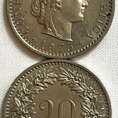 Moeda Suíça - Km029A - 20 Rappen - 1975 – Cúproníquel – 4,00 Gr – 21,05 mm – Excelente Peça