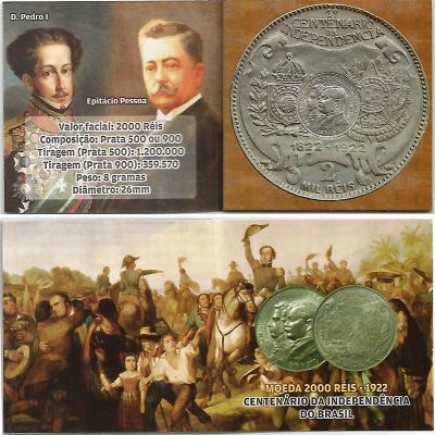 Fôlder com moeda de 2000 Reis - Prata - Centenário da Independência - 1922