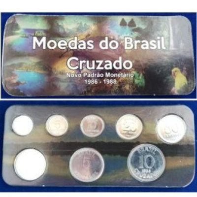 Fôlder com Serie de 8 Moedas do CRUZADO - Aço - Datas entre 1986-1988 - Brasil