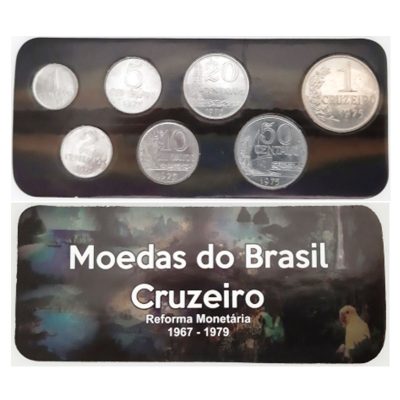 Fôlder com Serie de 7 Moedas do CRUZEIRO - Aço - Data 1975 - Brasil