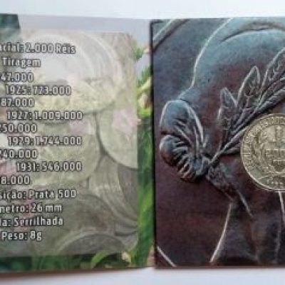 Folder com Moedas 2000 Reis - Prata - Mocinha - 1924 - Brasil - SOB