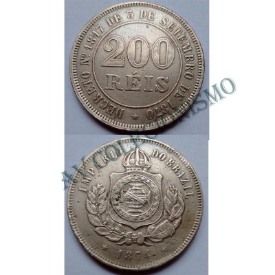 MNI 024 - Moeda 200 réis - Níquel - 1874 - SOB