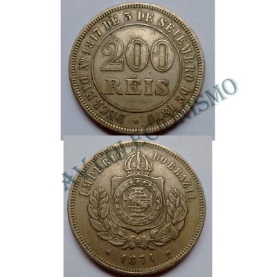 MNI 024 - Moeda 200 réis - Níquel - 1874 - SOB
