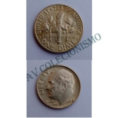 Moeda Estados Unidos da América - Km195 - Dime - 1964D - Prata