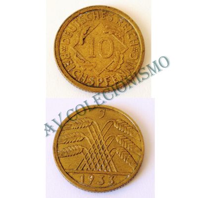 Moeda Alemanha - GWR - Km040 - 10 Pfennig - 1933J