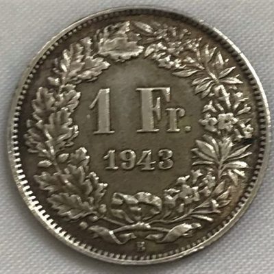 Moeda Suíça - Km024 - 1 Franco - 1943 - Prata - 5,00 Gr - 23,20 mm -