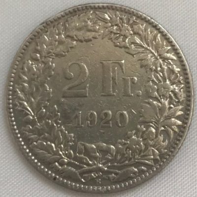 Moeda Suíça - Km021 - 2 Francos - 1920 - Prata - 10,00 Gr - 27,40 mm - Ótima Peça