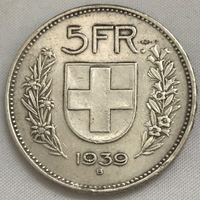 Moeda Suíça - Km040 - 5 Francos - 1939 - Prata - 15,00 Gr - 31,45 mm - Otima Peça