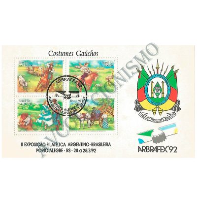 B090 CBC - Bloco ARBRAFEX 92 - II Exposição Filatélica Argentino-Brasileira Porto Alegre, Costumes Gaúchos - 1992